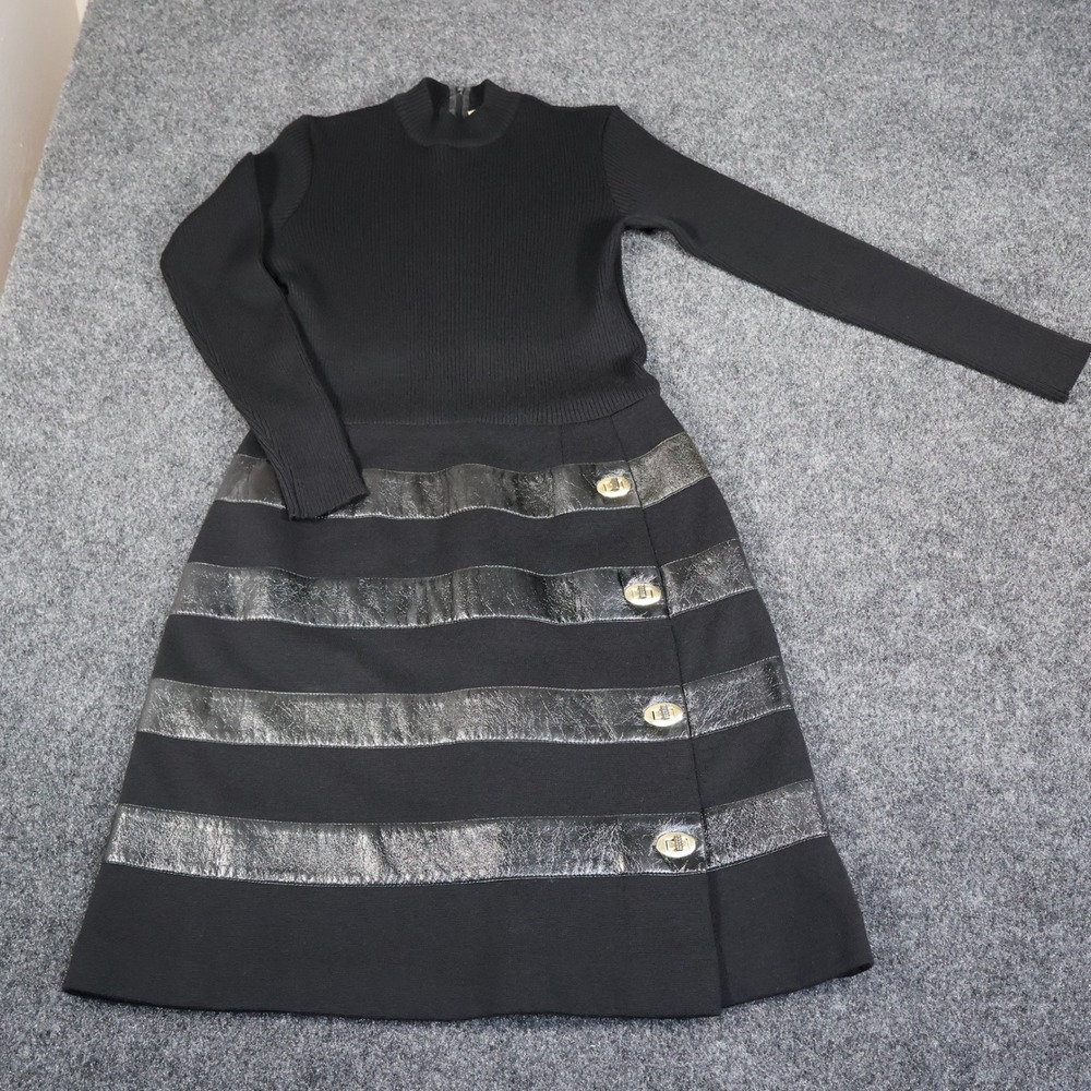 Vintage 100% Virgin Wool Black Knit Dress Metallic Leather Stripe Turn-Lock 16